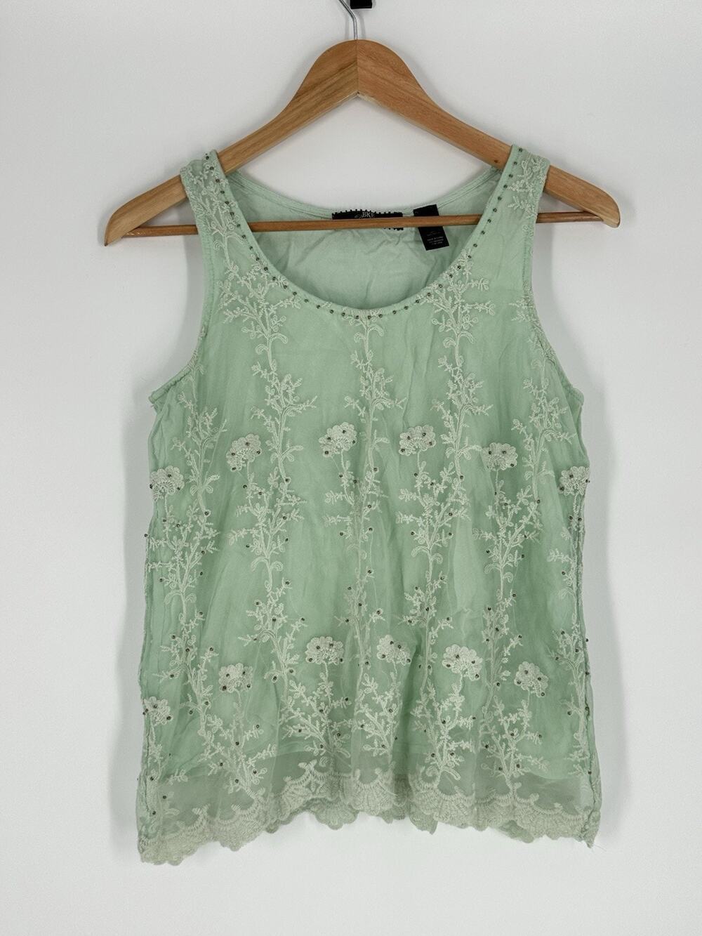 BKE Sleeveless Sheer Floral Mesh Top Med Beaded Seafoam Green Coquette Whimsy